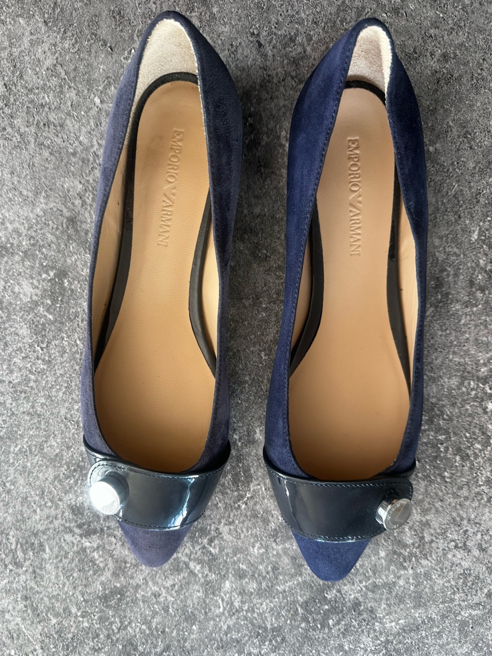 Emporio Armani Navy Suede Pointed-Toe Flats with Patent Trim